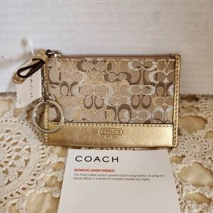 Coach Metallic Gold and Tan Keychain Pouch. NWT